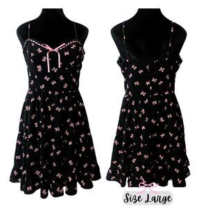 {Arden B} Coquette Girl Bow Print Pink & Black Mini Dress W/ Ruffled Hem - Large